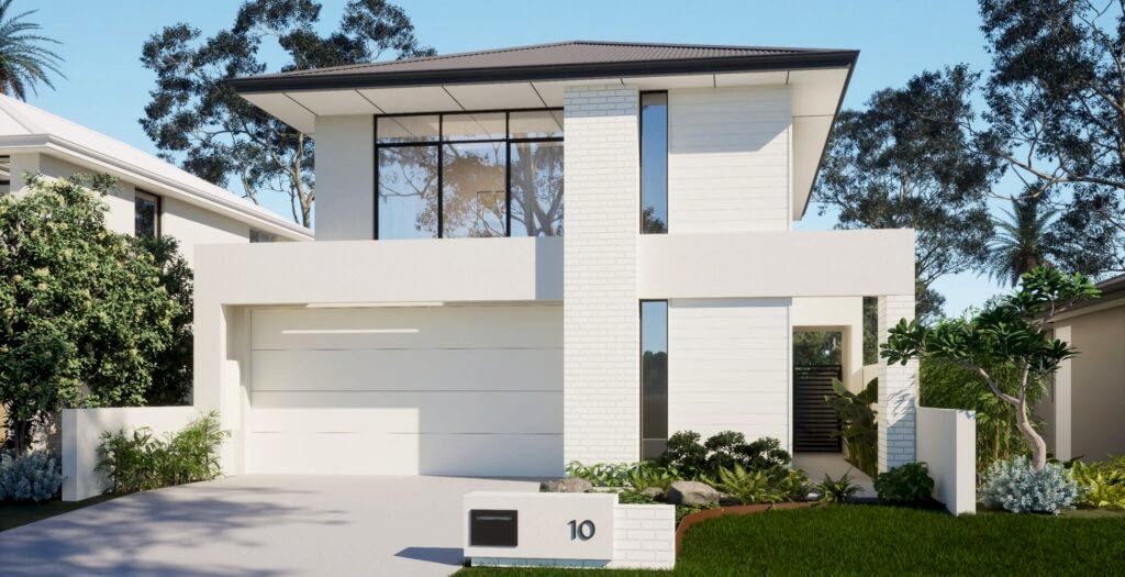 Modern two storey custom home with a white façade, large windows and landscaped frontage built by Coast Homes in Western Australia